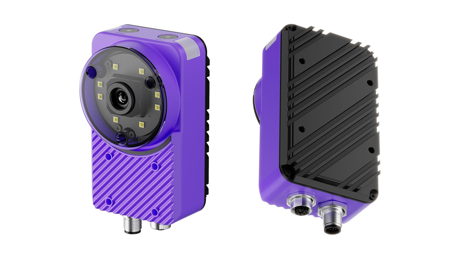 OV Spark from the front and from the rear, showing the lens and ring light on the front face, the heat sink on the rear face, and both M12 connectors on the bottom