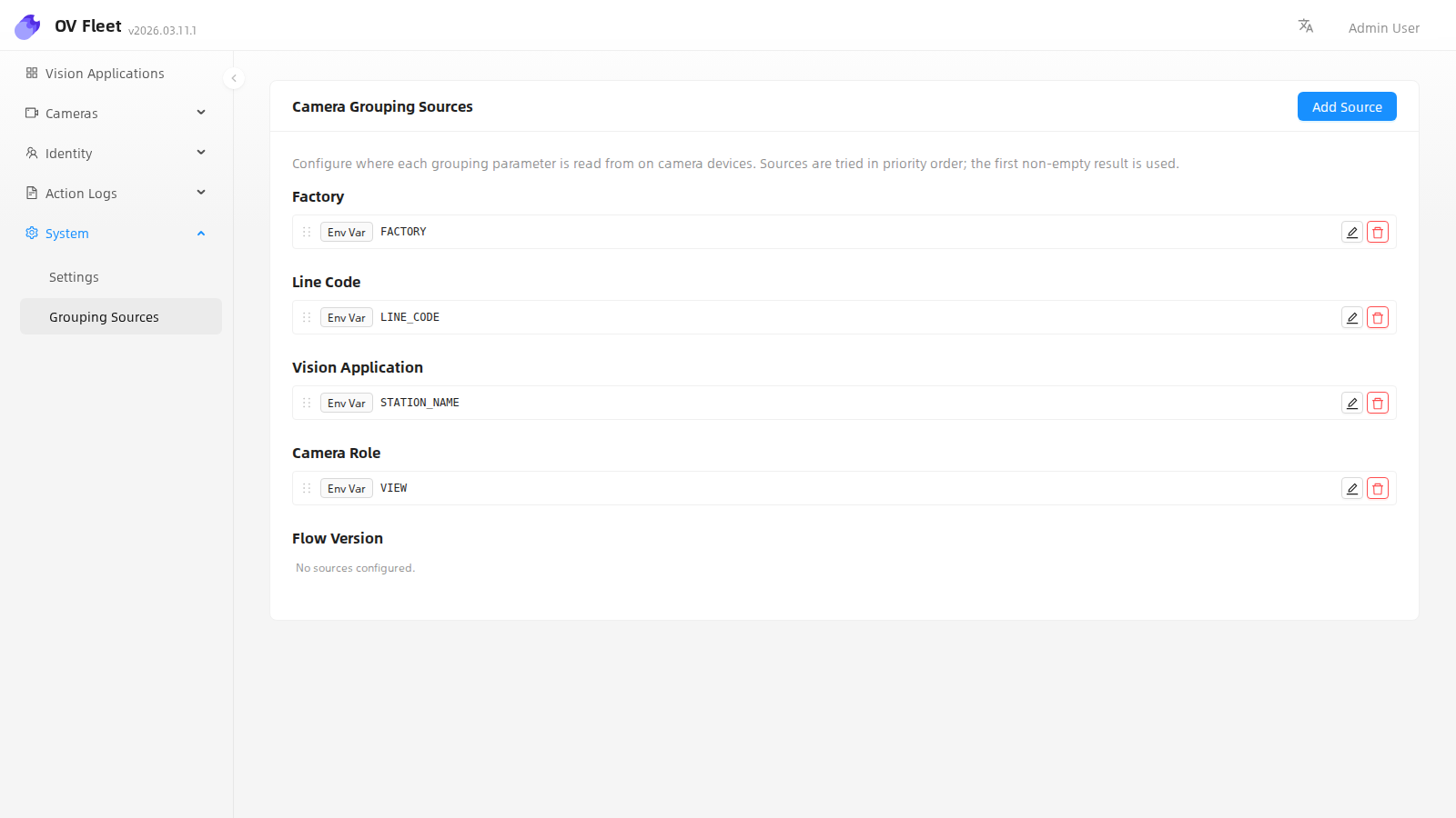 Camera Grouping Sources settings page