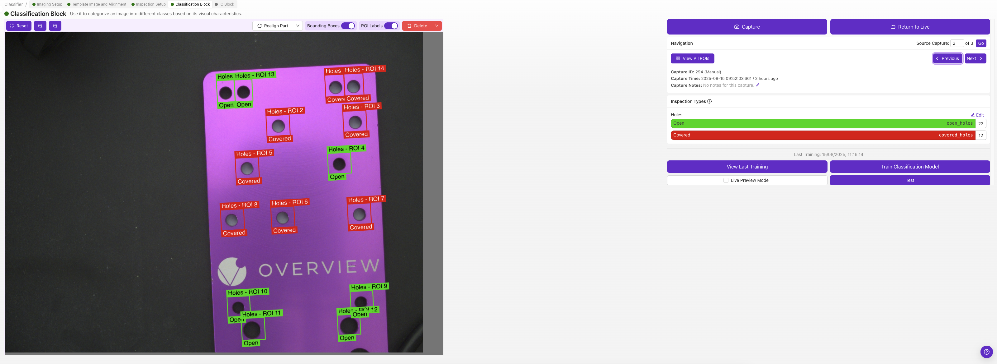 Classifier labeling interface: select the class for each ROI