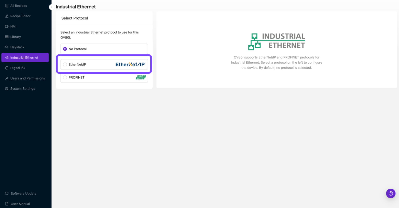 EtherNet/IP Protocol Option on the Industrial Ethernet Page