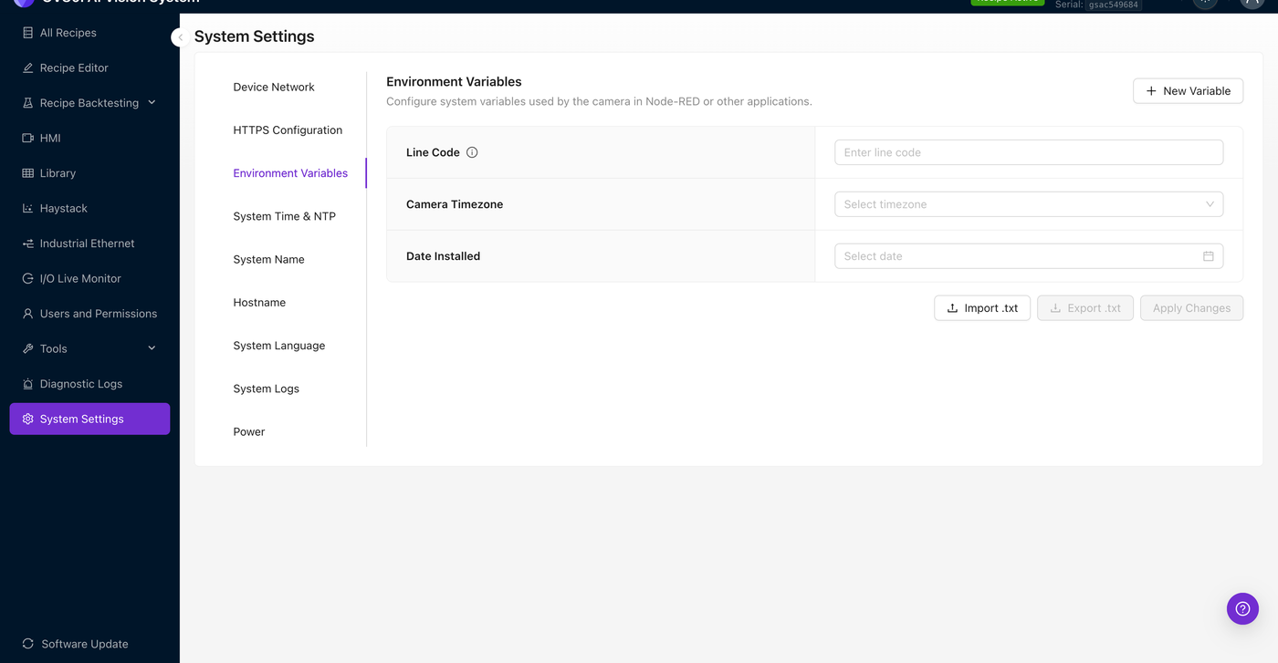 Environment Variables tab in System Settings — Line Code, Camera Timezone, Date Installed