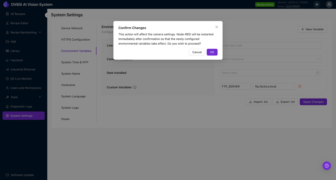 Confirm Changes modal warning that Node-RED will restart when env vars change