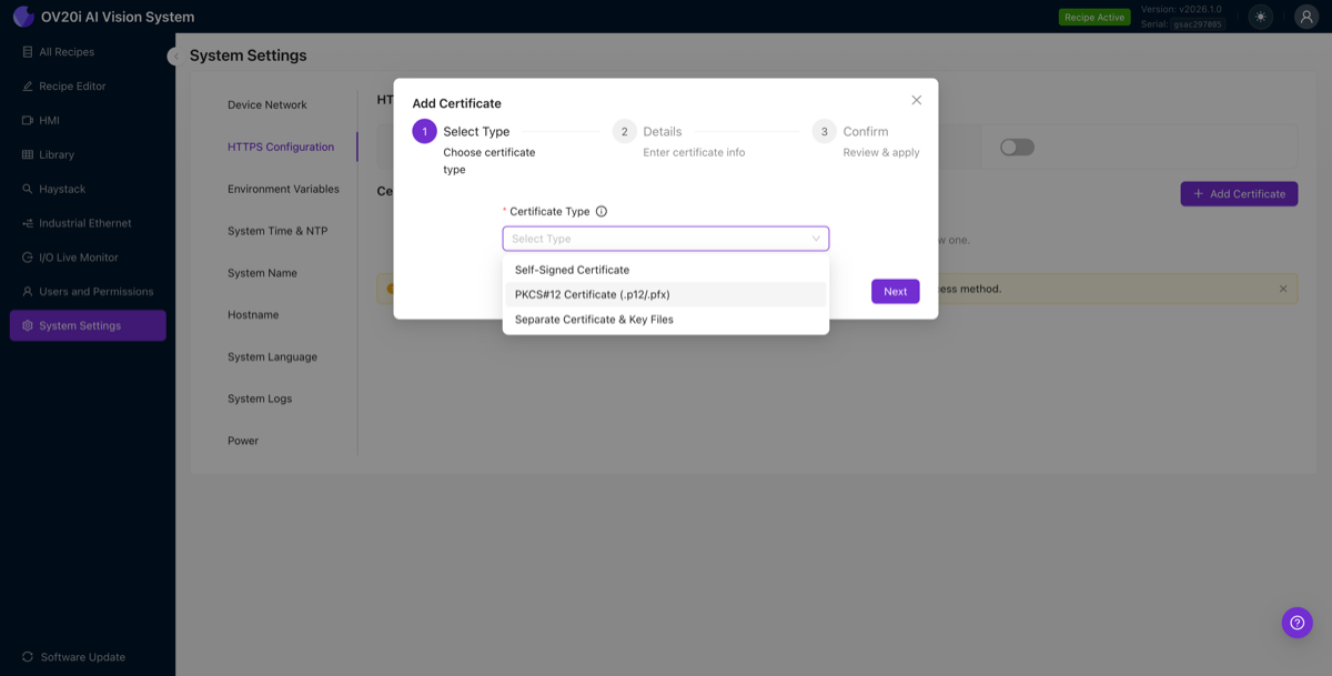 Certificate type dropdown showing Self-Signed Certificate, PKCS#12 Certificate, and Separate Certificate &amp; Key Files options