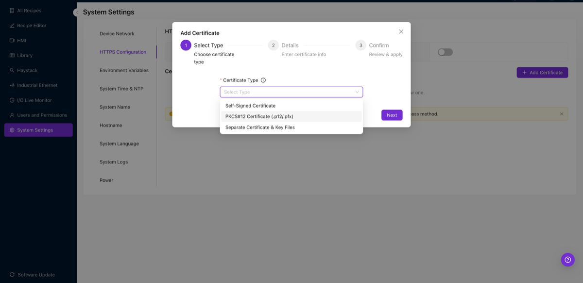 Certificate type dropdown showing Self-Signed Certificate, PKCS#12 Certificate, and Separate Certificate &amp; Key Files options