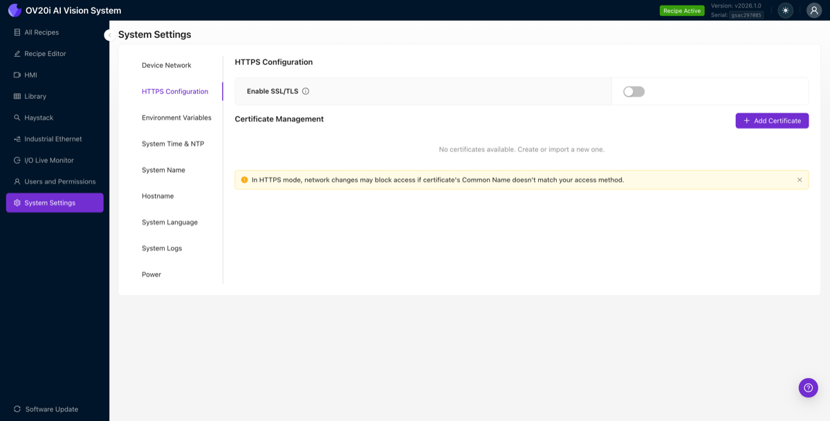 HTTPS Configuration tab in System Settings showing the Enable SSL/TLS toggle and Certificate Management section
