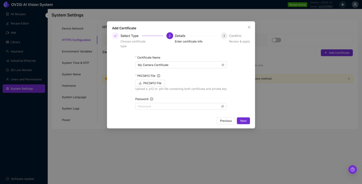 PKCS#12 certificate form with upload button and password field