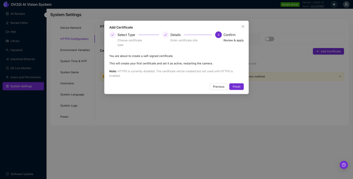 Confirmation screen showing the certificate will be created and set as active