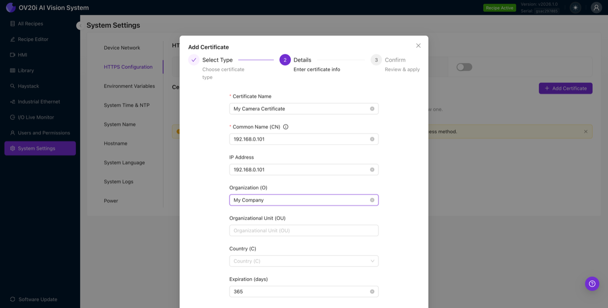 Self-signed certificate form with Certificate Name, Common Name, IP Address, Organization, and Expiration fields