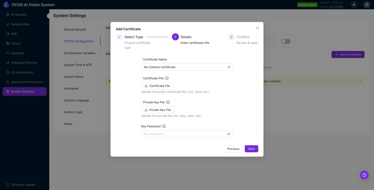 Separate files form with certificate upload, private key upload, and optional key password