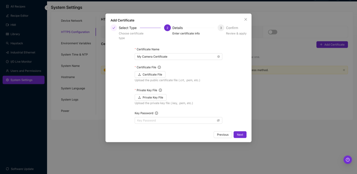 Separate files form with certificate upload, private key upload, and optional key password