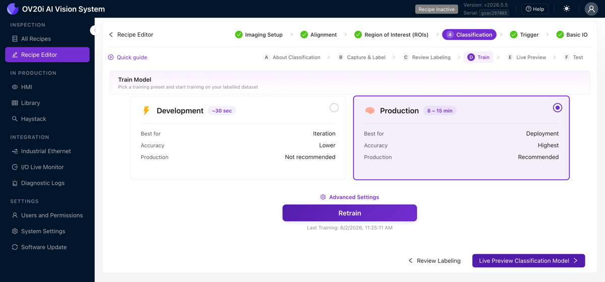 Train tab with Development and Production presets