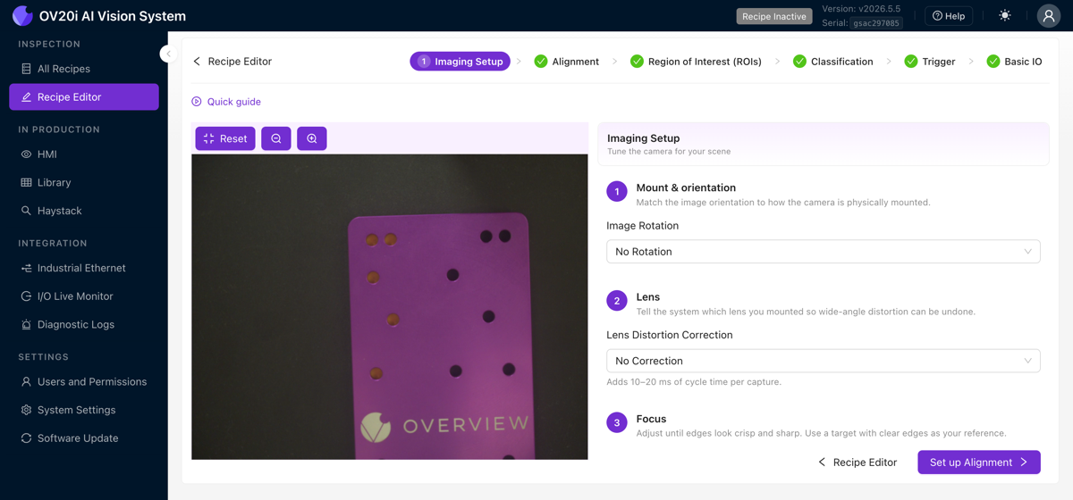 Imaging Setup step in the v2026.5 interface