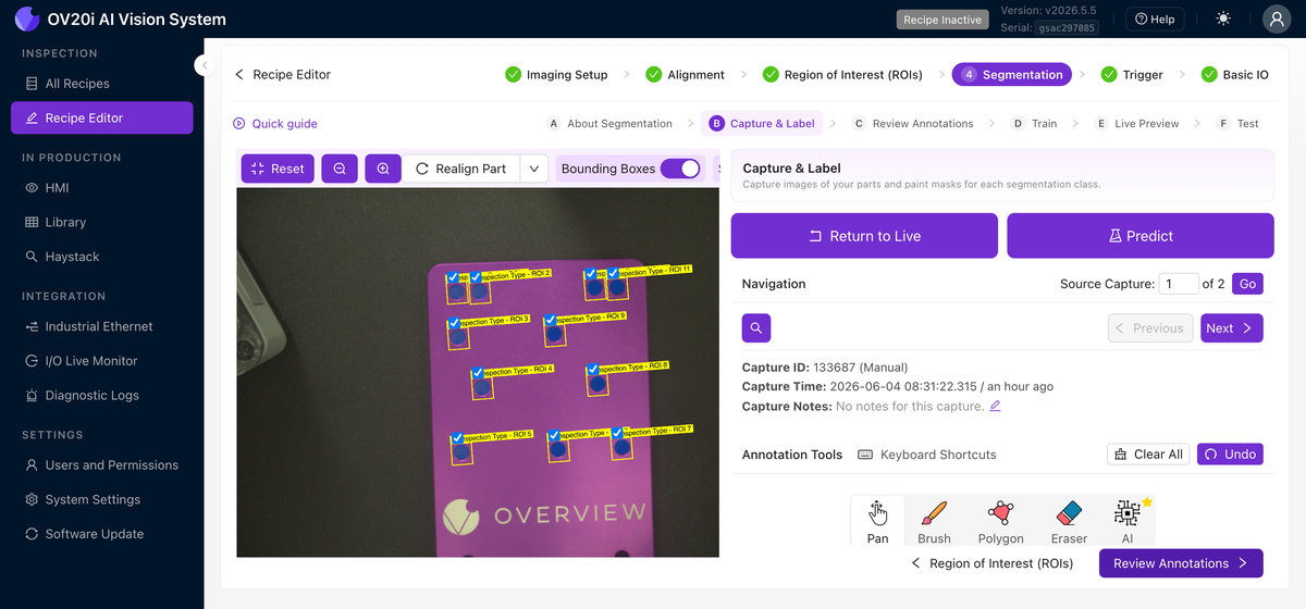 Capture & Label tab for the segmenter: painted masks and the Pan, Brush, Polygon, Eraser, and AI annotation tools