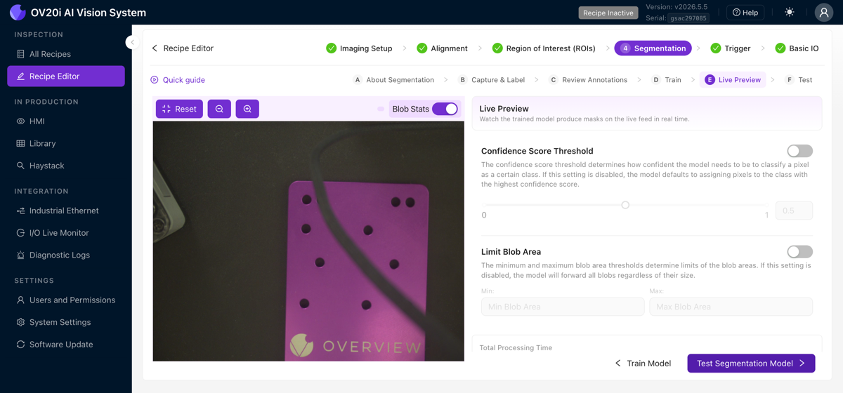 Segmentation Live Preview with blob stats and thresholds