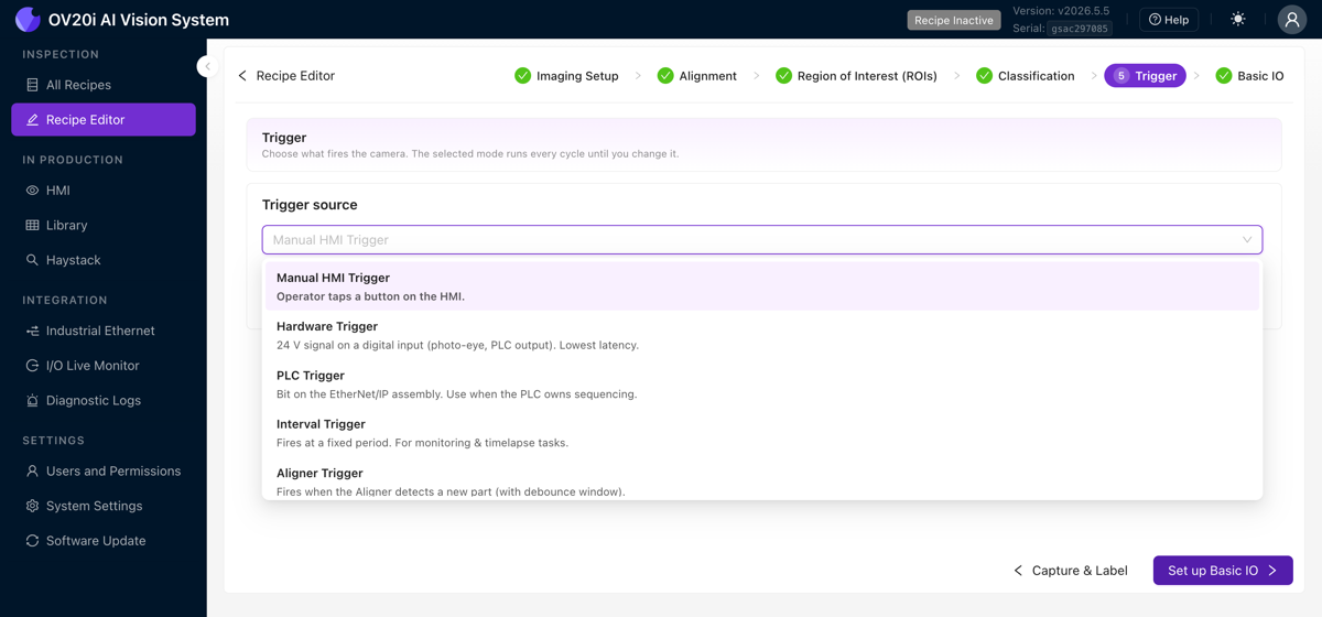 Trigger source dropdown with all modes