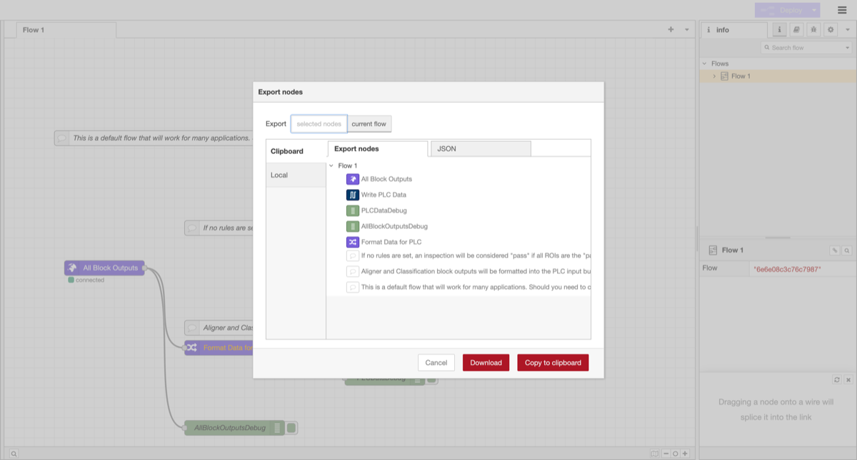 Node-RED Export dialog with Download and Copy to clipboard options