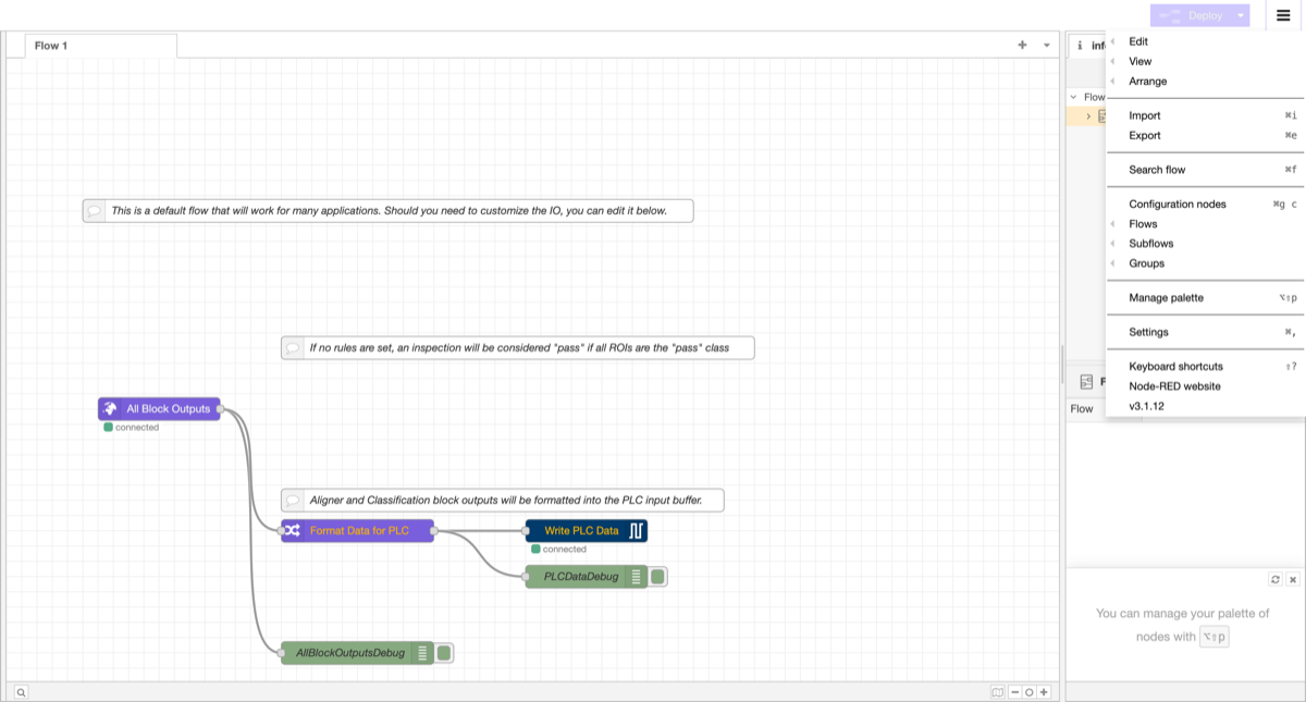 Node-RED hamburger menu showing Import and Export options