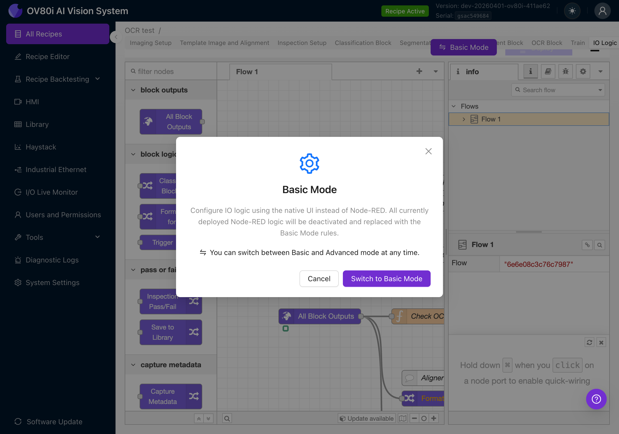 Basic Mode confirmation dialog explaining the switch