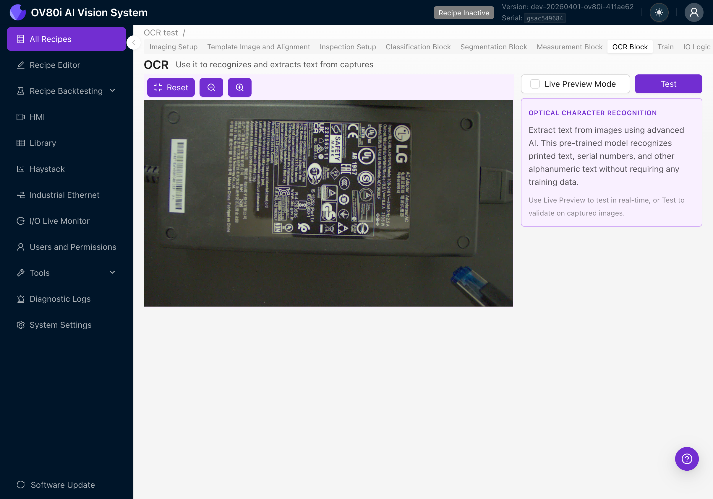 OCR Block overview page