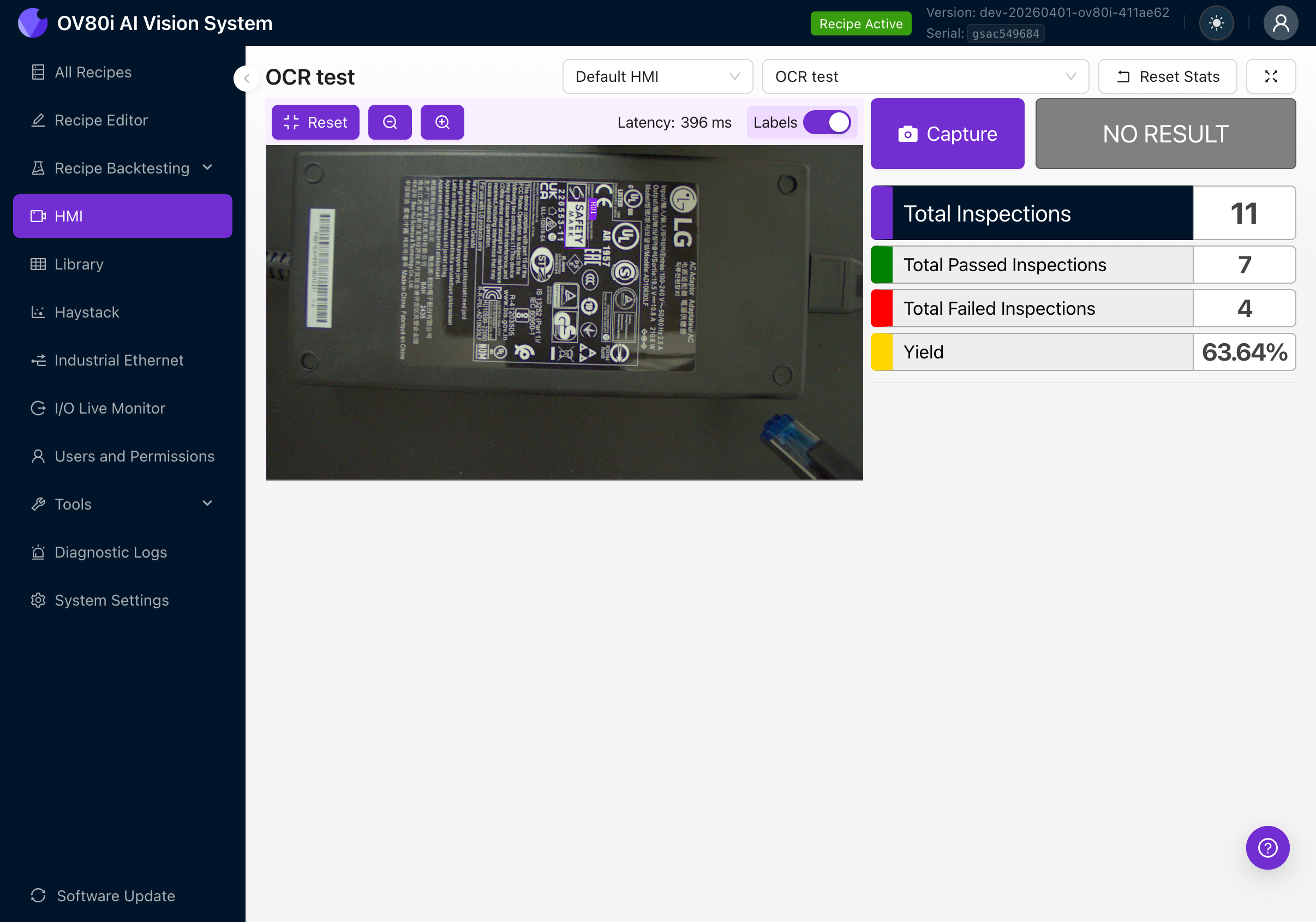 HMI view showing live OCR inspection results