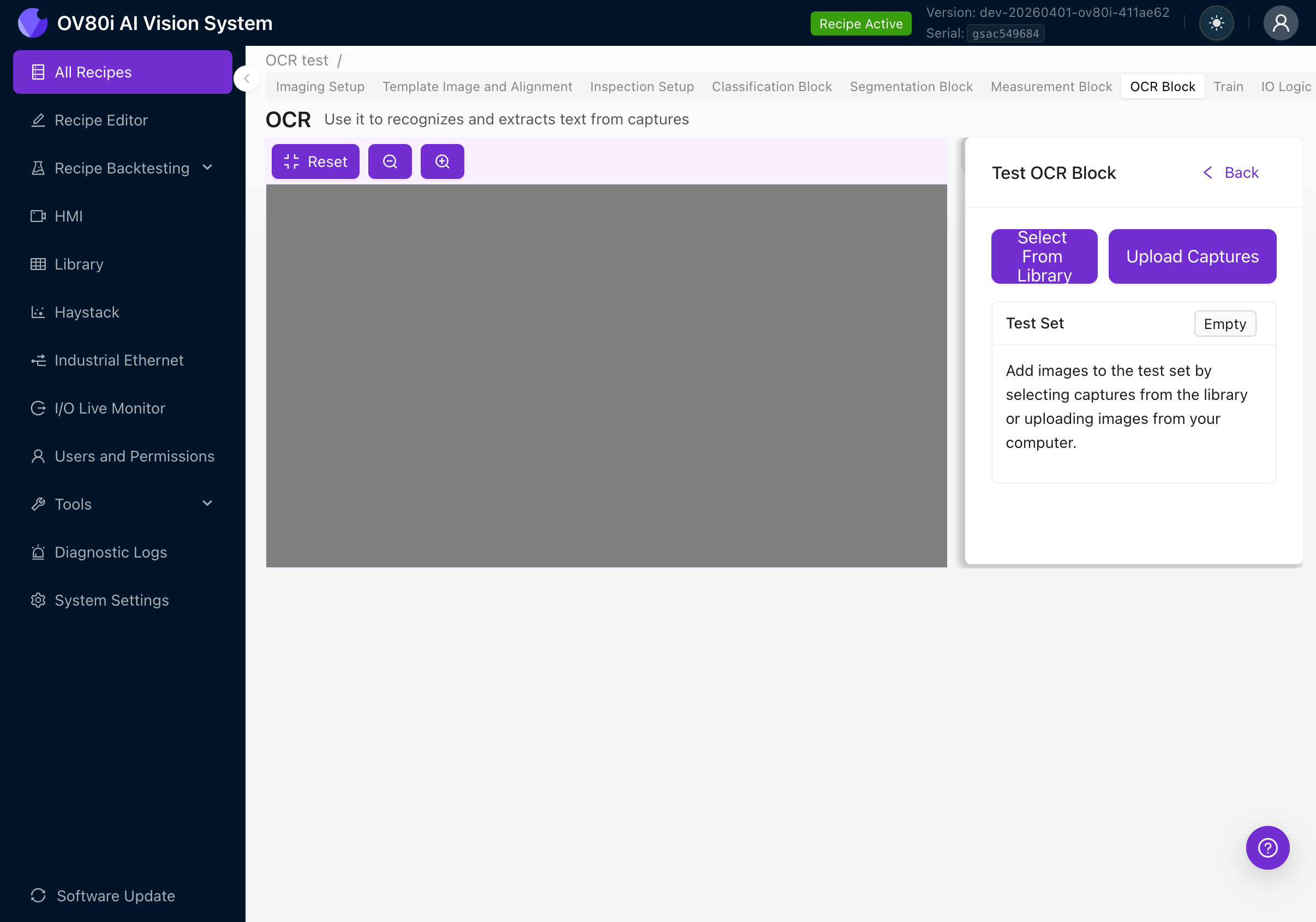 Test OCR Block panel with Select From Library and Upload options