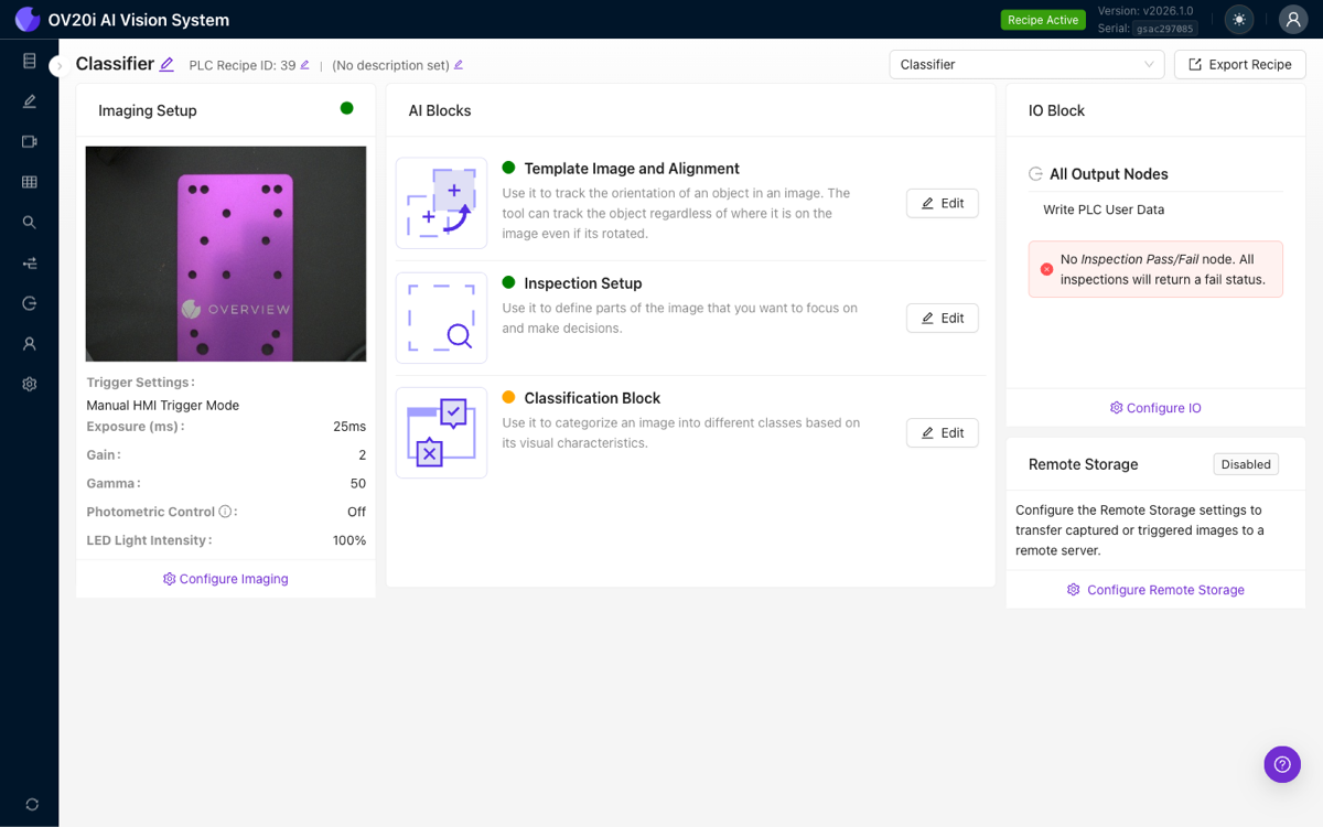 Recipe Editor overview showing Imaging Setup, AI Blocks, and IO Block