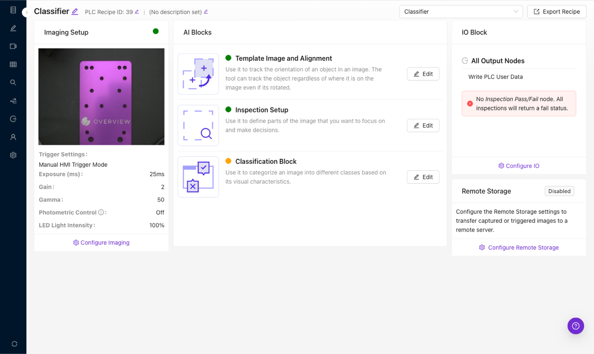 Recipe Editor overview showing Imaging Setup, AI Blocks, and IO Block
