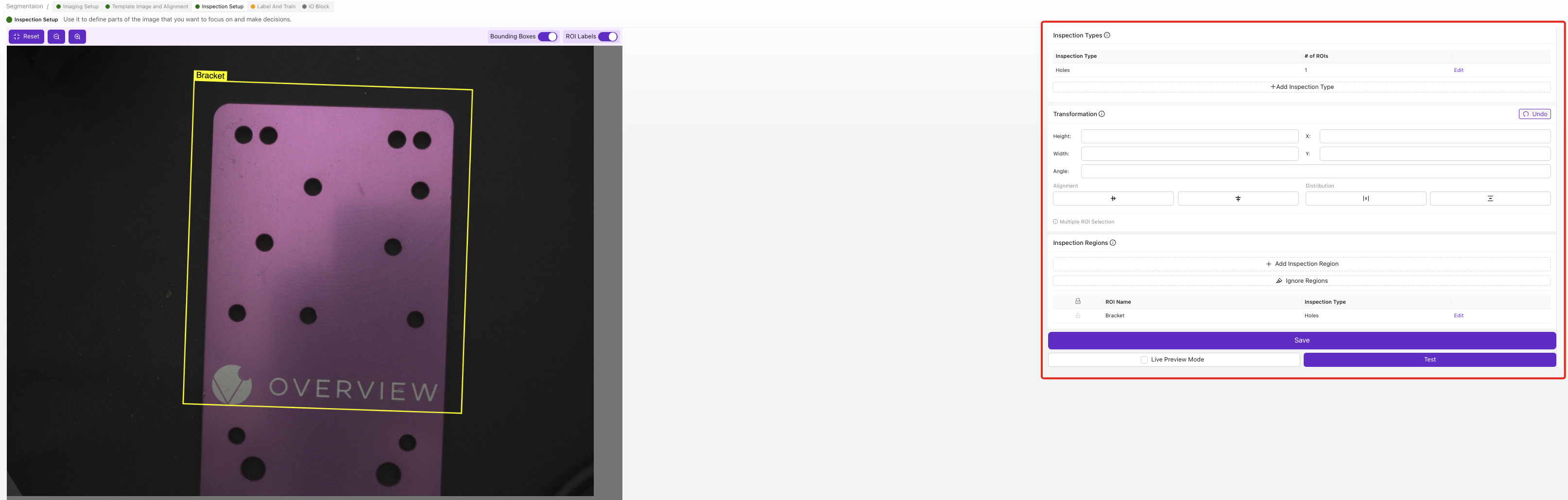 Inspection setup, drawing ROIs on the part