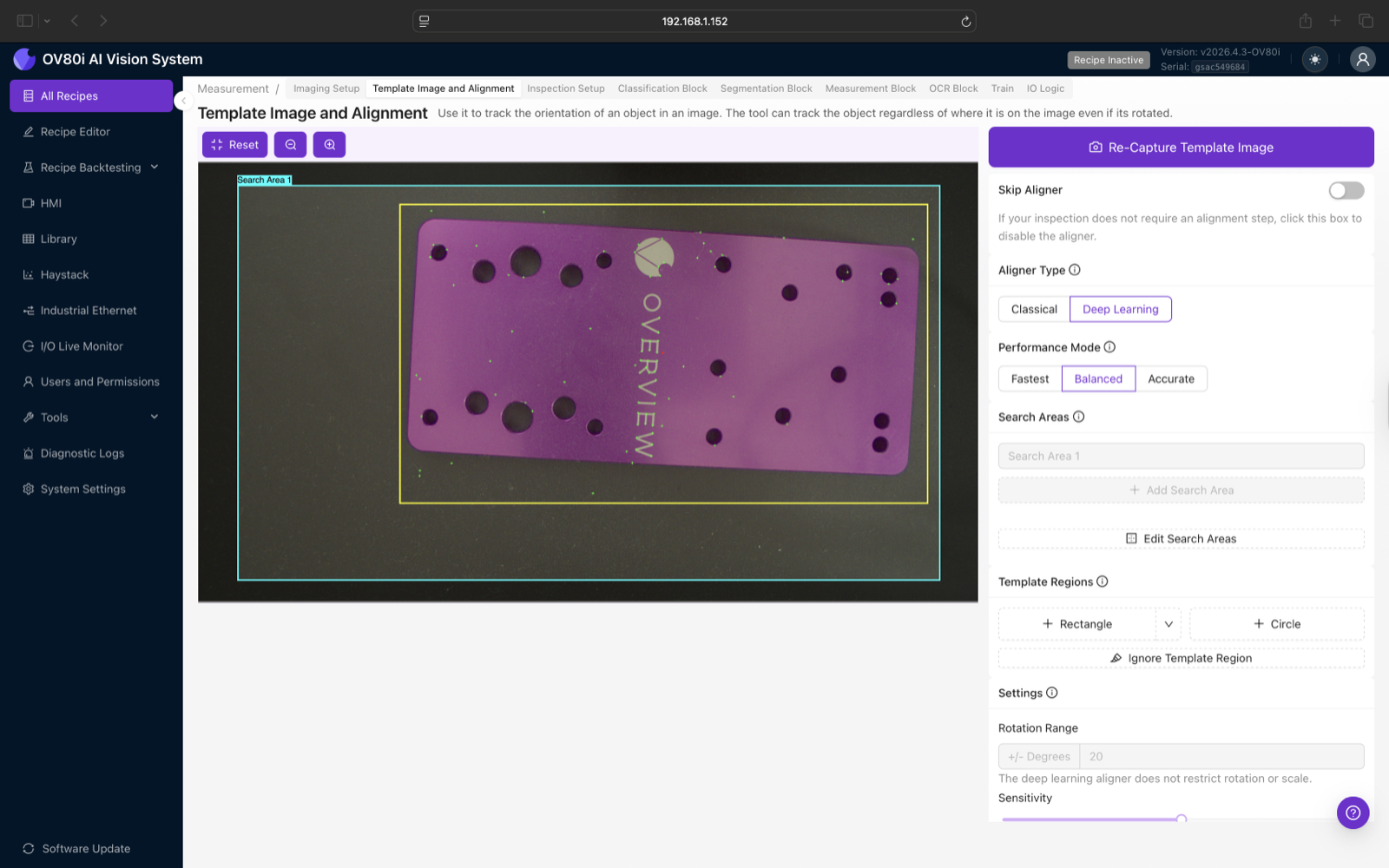 Template Image and Alignment screen showing Aligner Type (Classical/Deep Learning), Performance Mode, Search Areas, Template Regions, Rotation Range, and Sensitivity