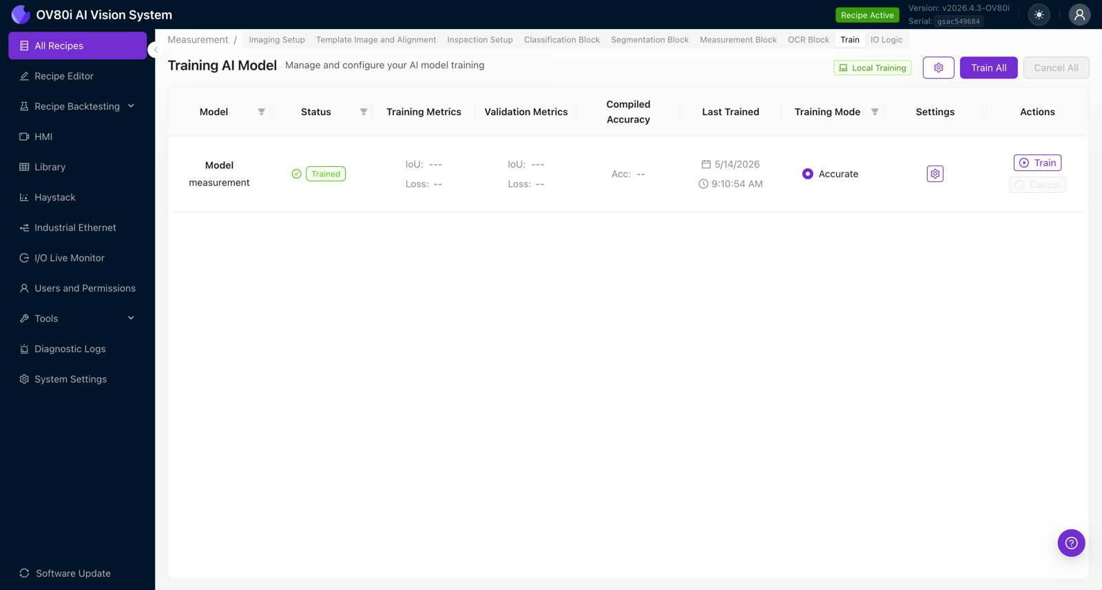 The Train page showing the measurement model in Trained status, with IoU/Loss columns, Accurate mode, and Train / Cancel actions