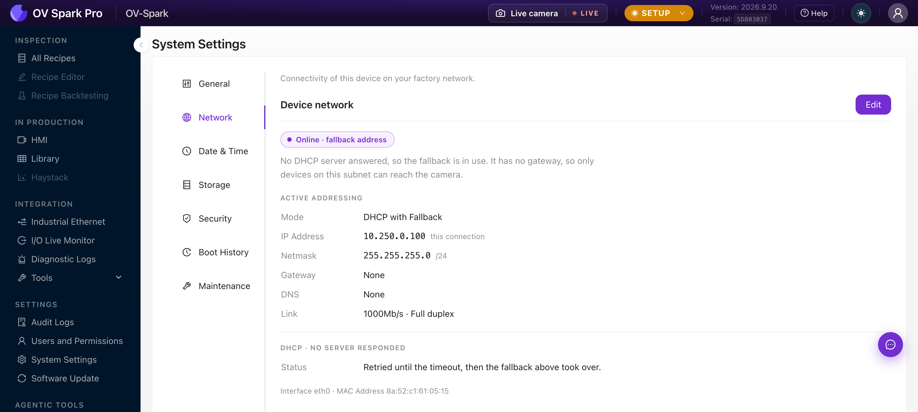 OV Spark network settings showing DHCP with fallback, the active address, and link diagnostics
