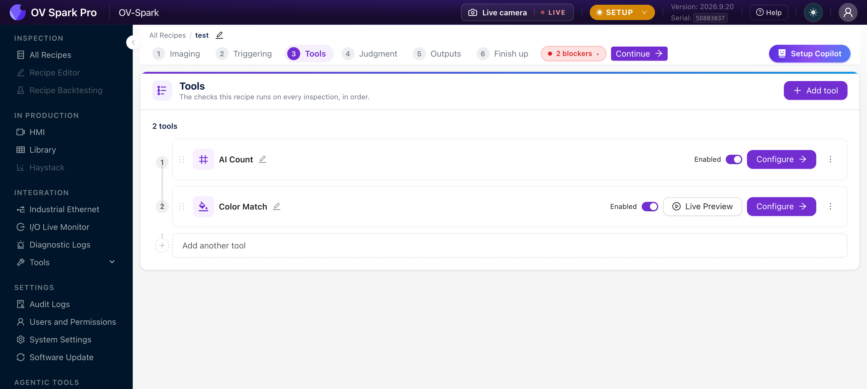 The recipe editor on its Tools step, listing the recipe's checks in run order, with the six steps across the top