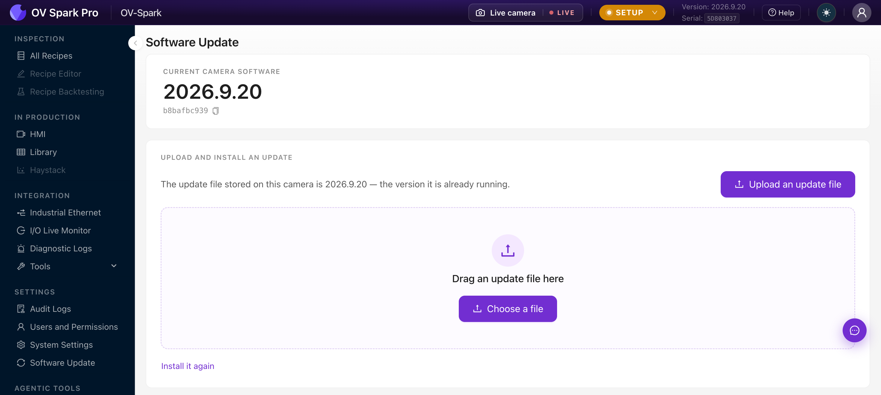 OV Spark Software Update showing current version and the upload area