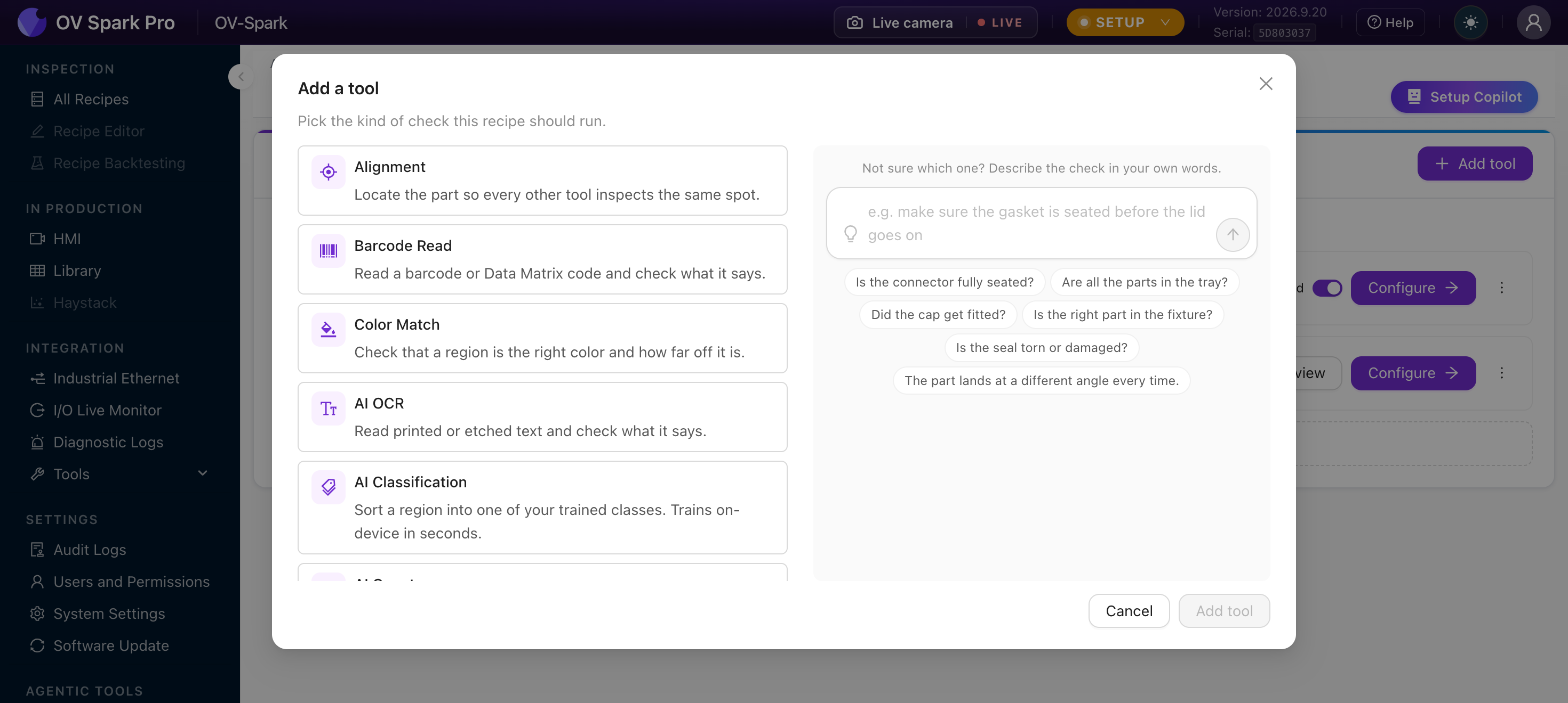 OV Spark tool catalog showing all inspection tools with one-line descriptions