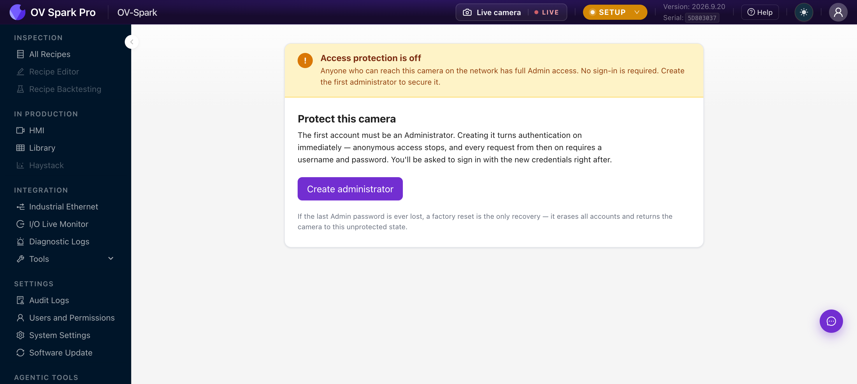 OV Spark Users and Permissions showing the access protection warning and Create administrator