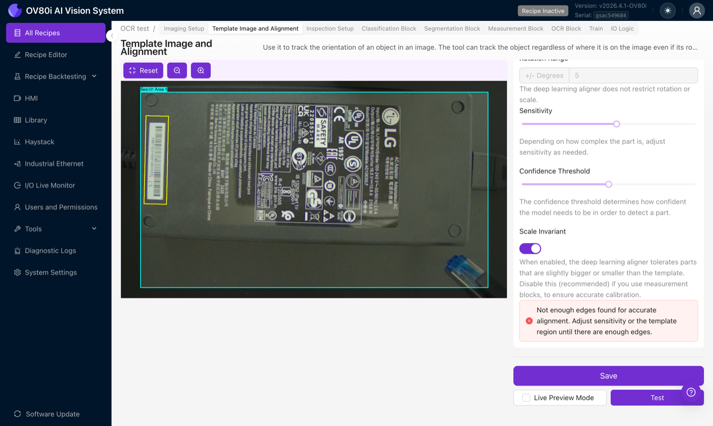 Das AI Aligner Einstellungs-Panel mit Sensitivity, Confidence Threshold und Scale Invariant