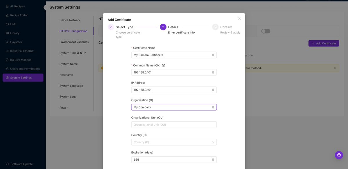 Formular für selbstsigniertes Zertifikat mit den Feldern Certificate Name, Common Name, IP Address, Organization und Expiration