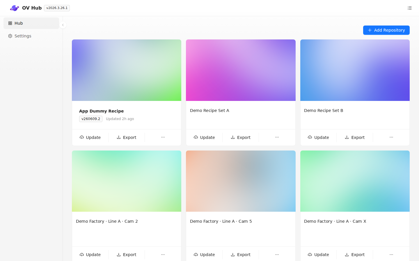 OV Hub Rezeptbibliothek mit Rezept-Repository-Karten mit Verlaufs-Headern, Versionsnummern sowie Update- und Export-Aktionen