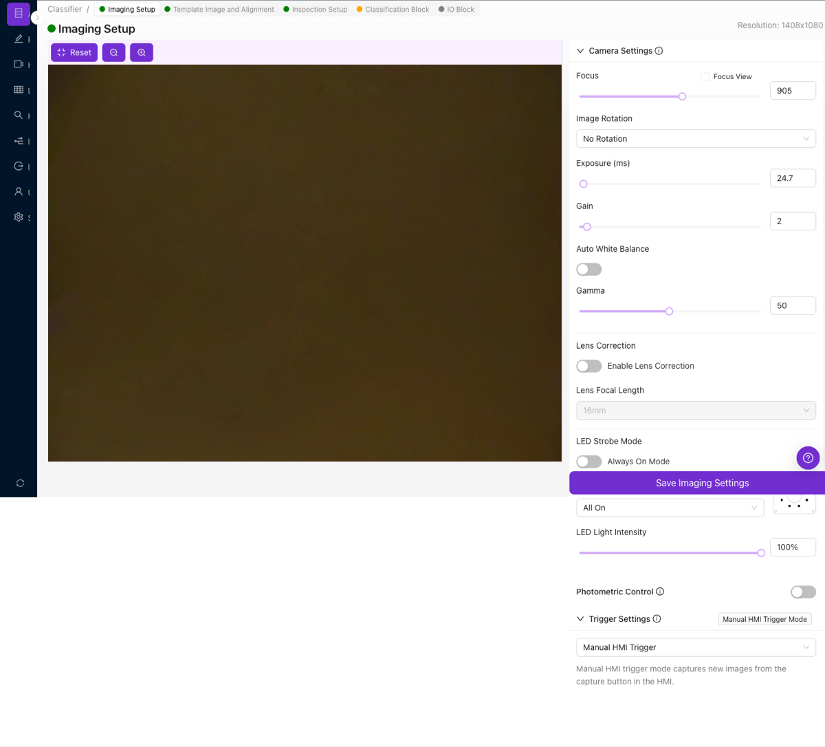 Seite Image Settings mit Live-Kameraansicht und Camera Settings-Steuerelementen