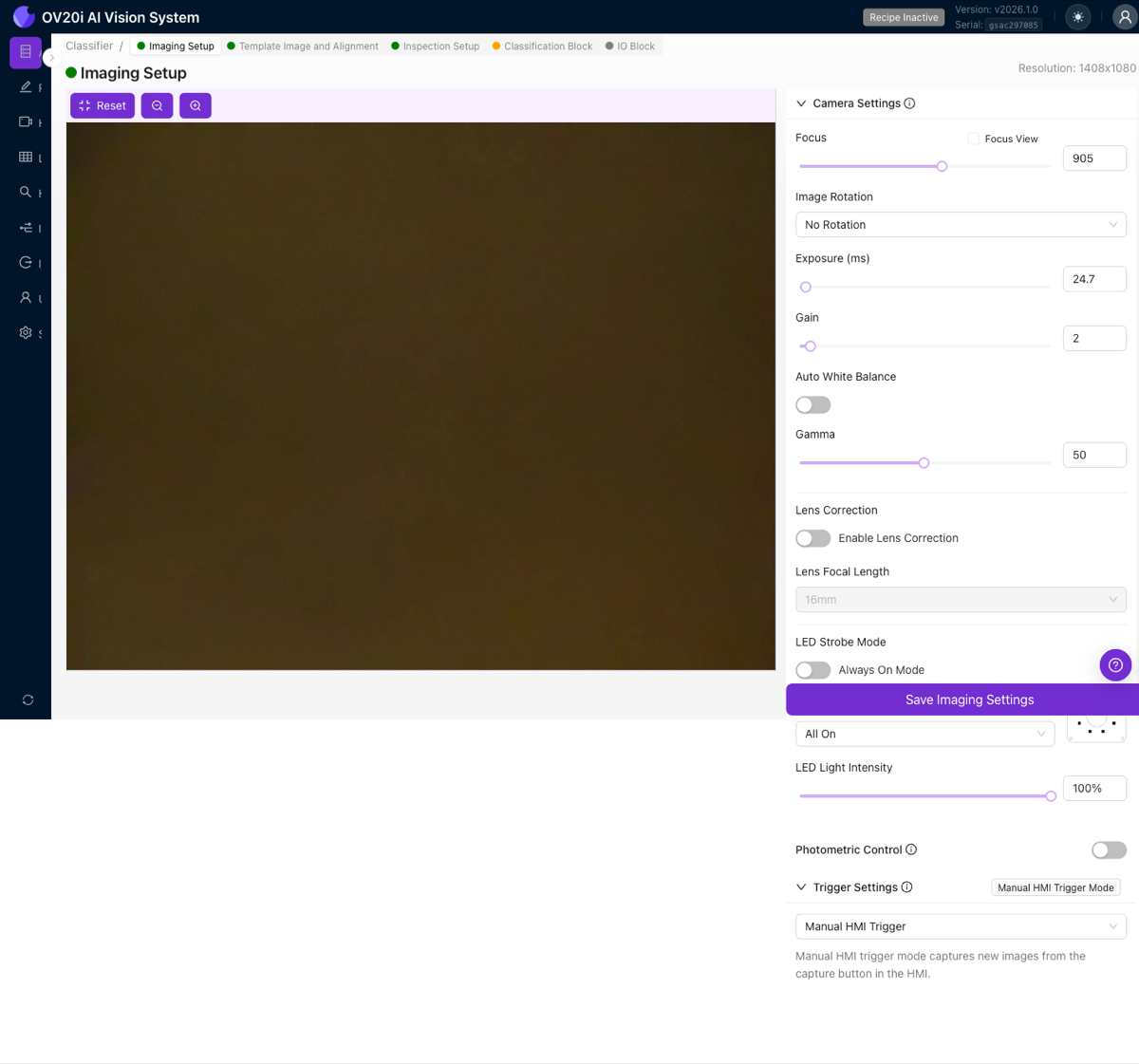 Seite Image Settings mit Live-Kameraansicht und Camera Settings-Steuerungen