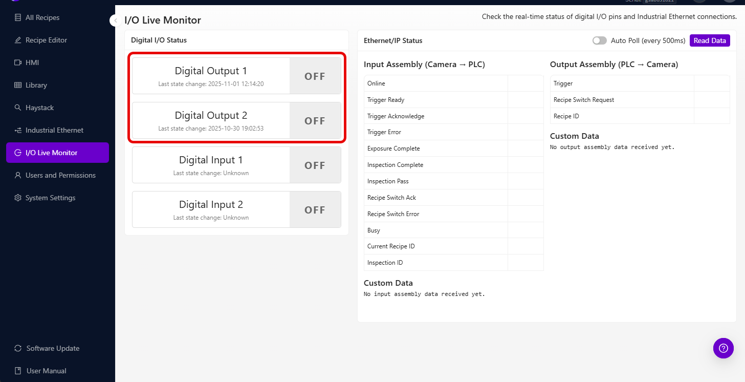 I/O Live Monitor zeigt Digital I/O Status und Ethernet/IP Status