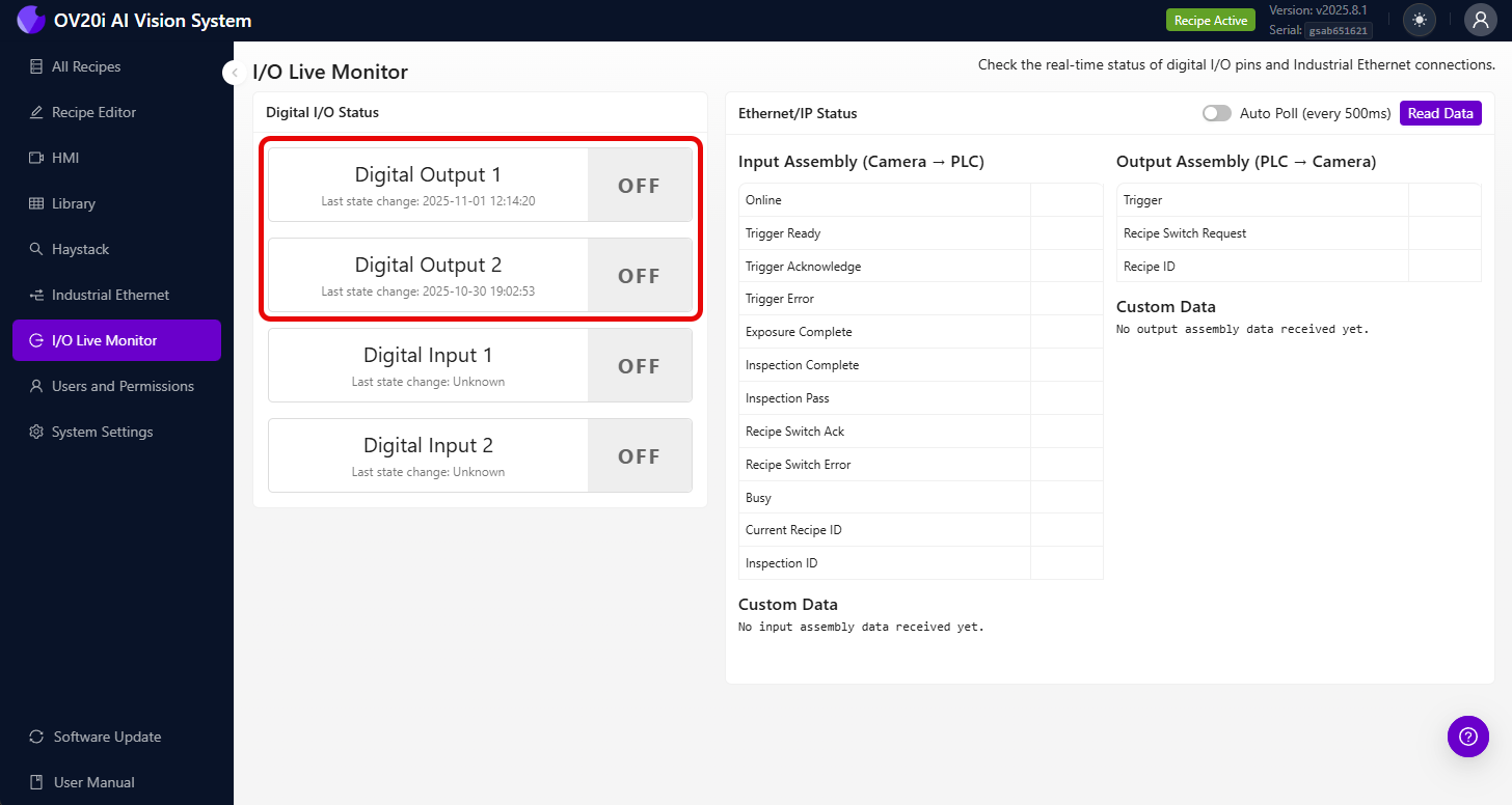 I/O Live Monitor mit Digital I/O Status und Ethernet/IP Status