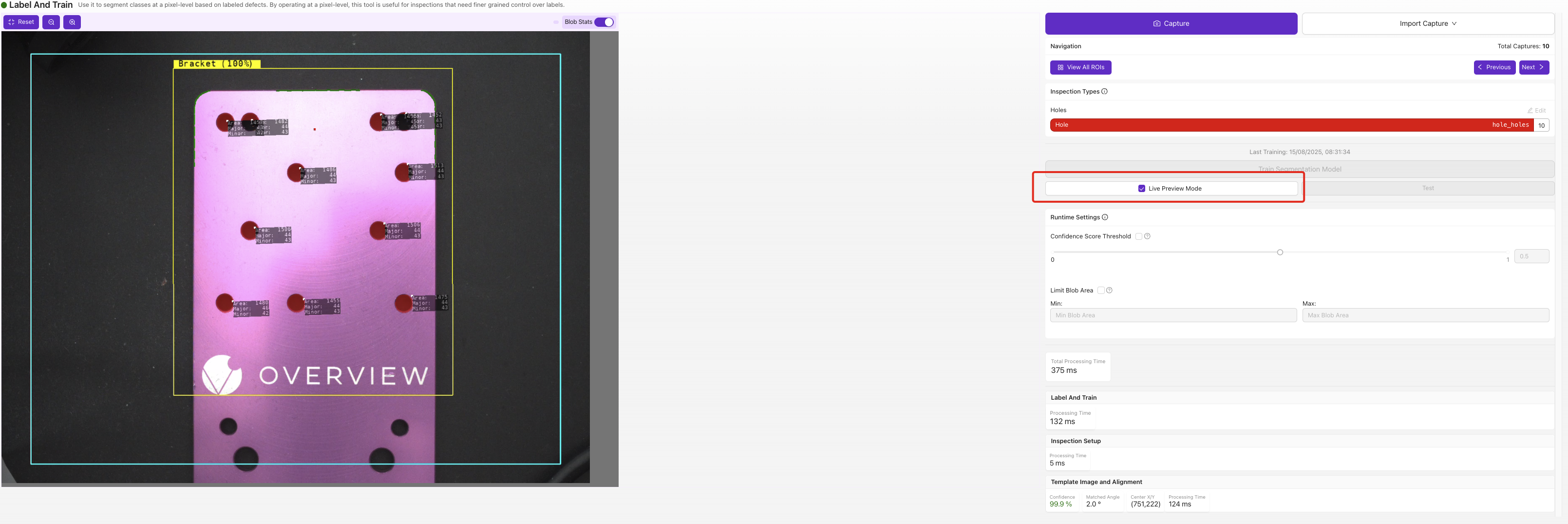 Segmenter live preview: defect masks rendered on the live frame