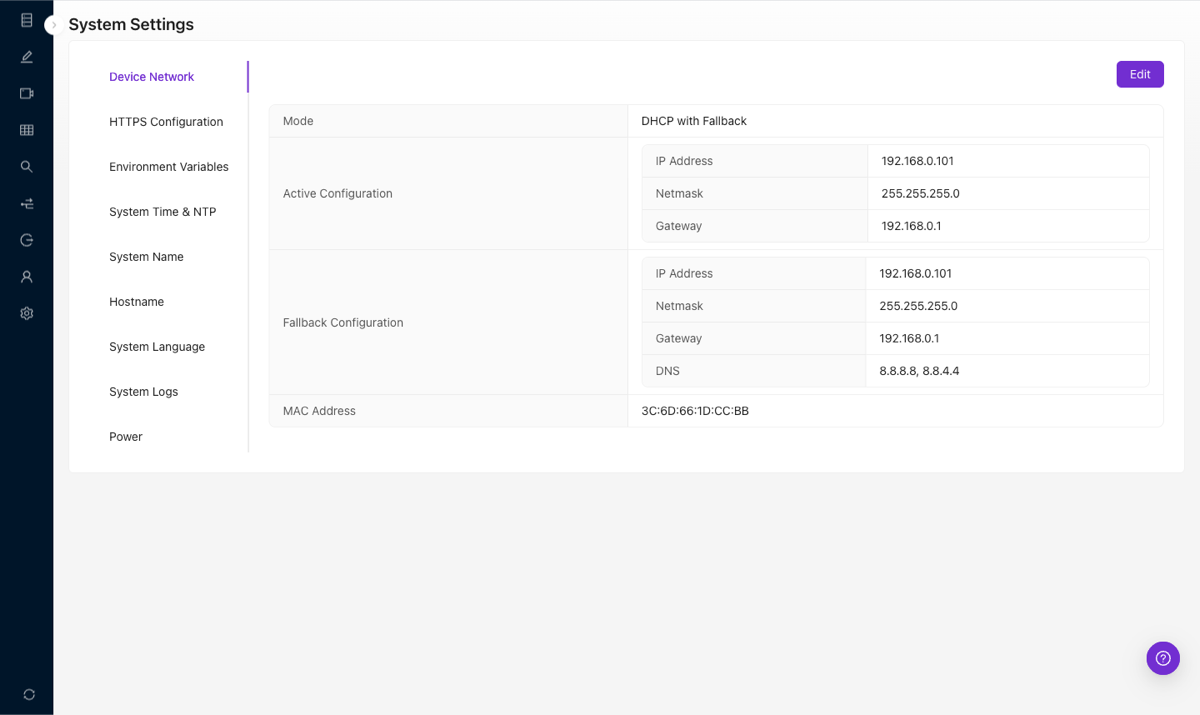 Kamera-Device-Network-Einstellungen mit Active Configuration, Fallback Configuration und MAC-Adresse