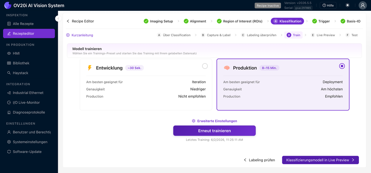 Train-Tab mit Development- und Production-Presets