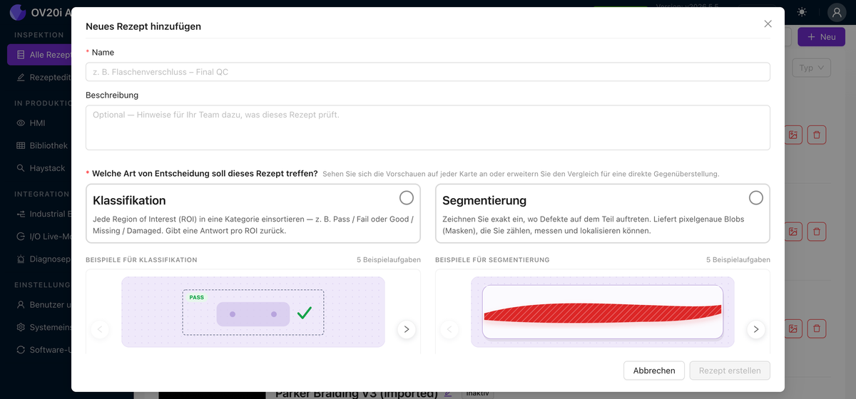 Dialog "Add a new recipe" mit den Optionen Classification und Segmentation