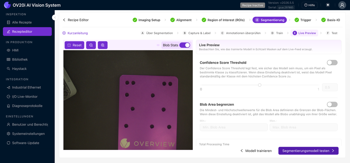 Segmentation Live Preview mit Blob-Statistiken und Schwellenwerten