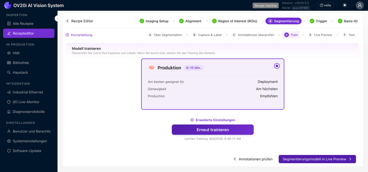 Segmentation Train-Tab mit der Voreinstellung Production