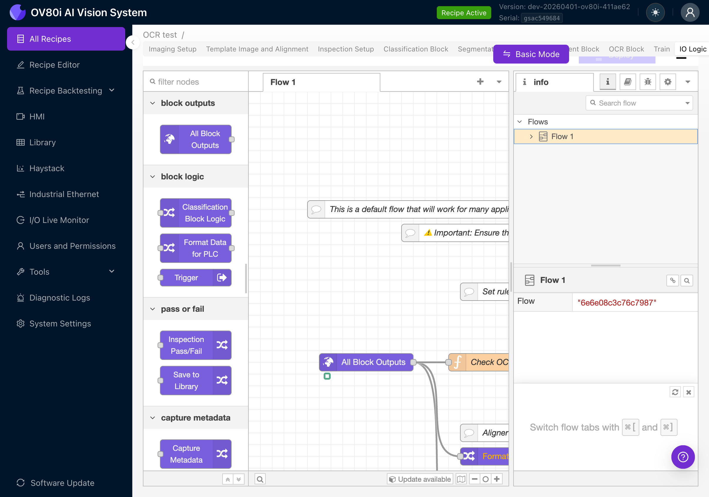 Advanced Mode Node-RED-Flow mit Check OCR-Node