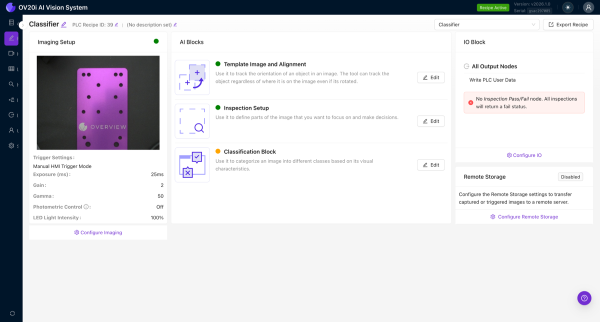 Recipe Editor showing Imaging Setup, AI Blocks, and IO Block